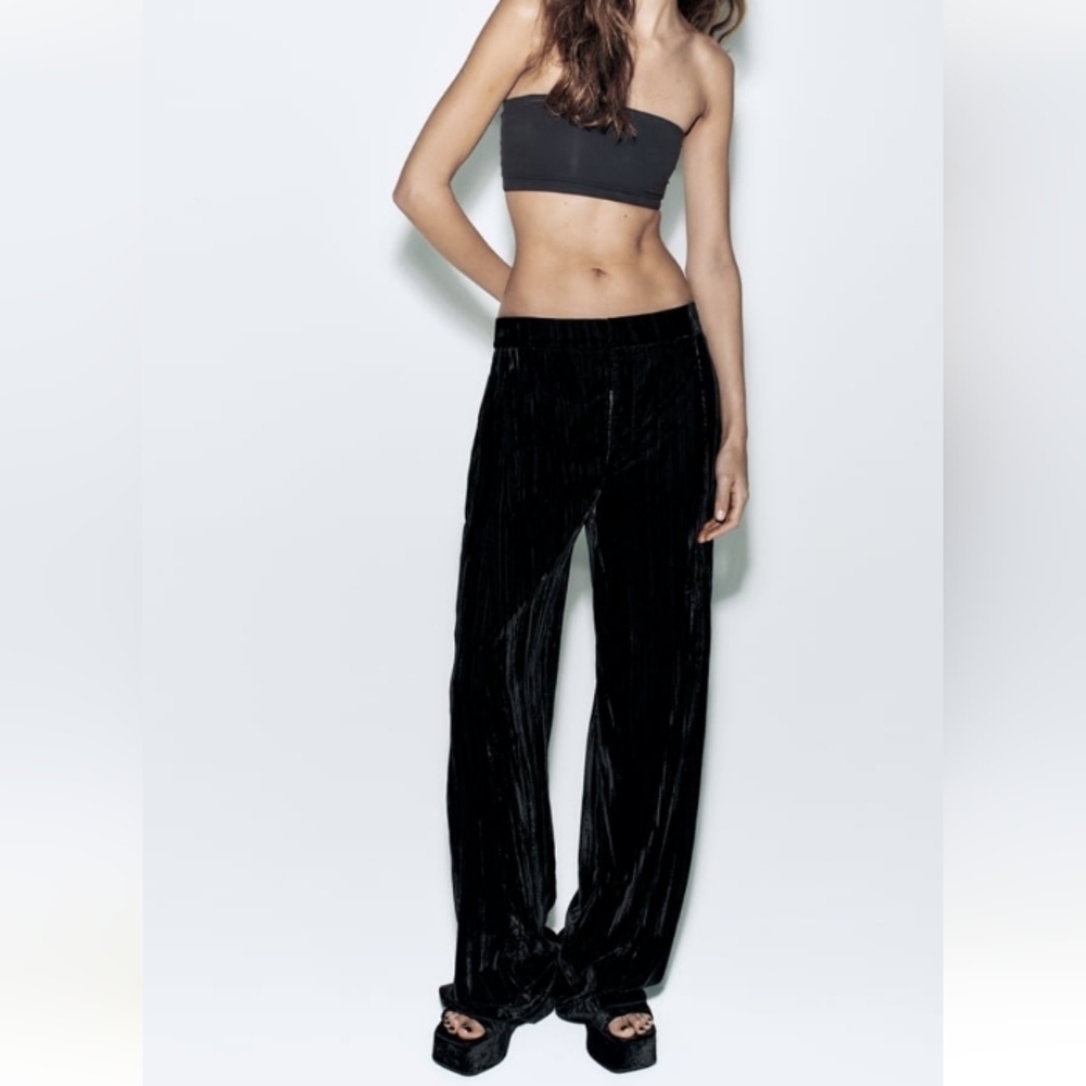 Zara ZW Collection Wrinkle Velvet  straight leg Pants